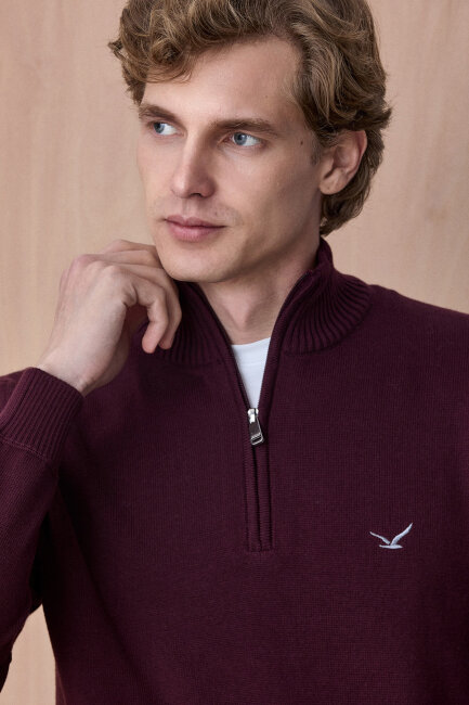 Bordo %100 Pamuk Fermuarlı Kazak - 2