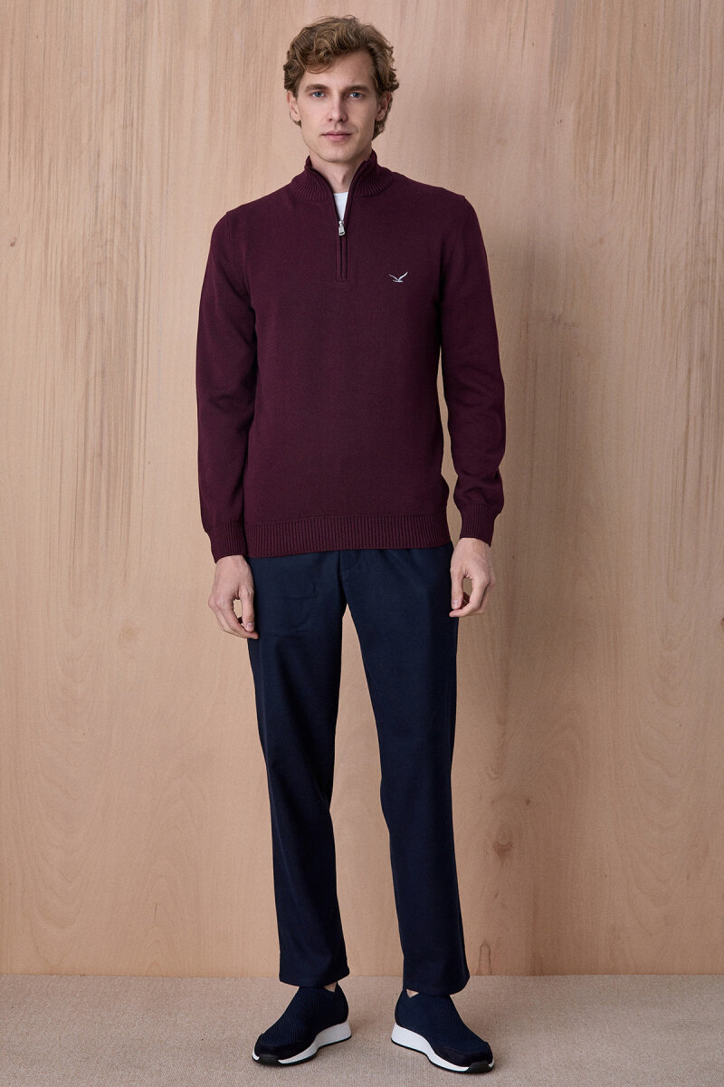 Bordo %100 Pamuk Fermuarlı Kazak - 3