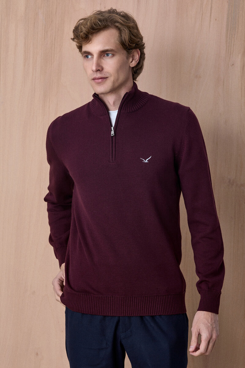 Bordo %100 Pamuk Fermuarlı Kazak - 4