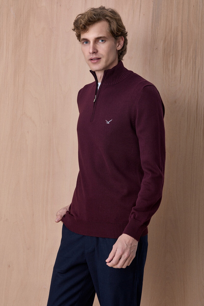 Bordo %100 Pamuk Fermuarlı Kazak - 5