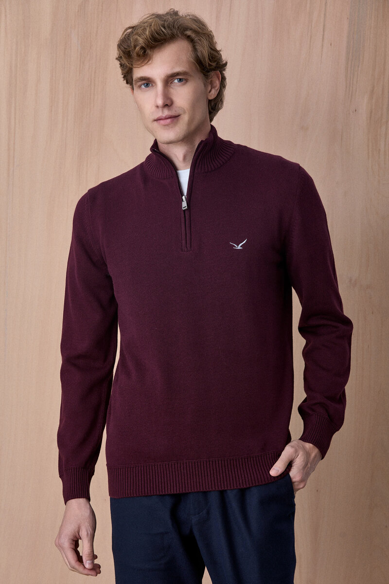 Bordo %100 Pamuk Fermuarlı Kazak - 6