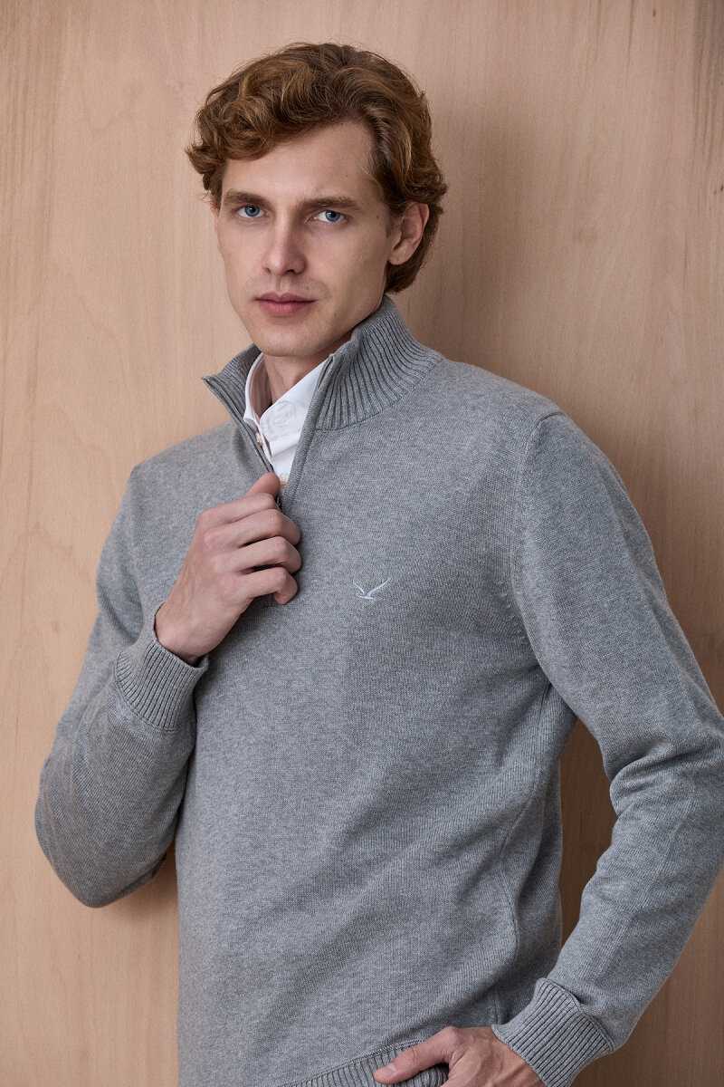 Gri Melanj %100 Pamuk Fermuarlı Kazak