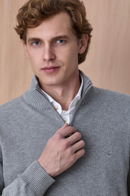 Gri Melanj %100 Pamuk Fermuarlı Kazak - 2