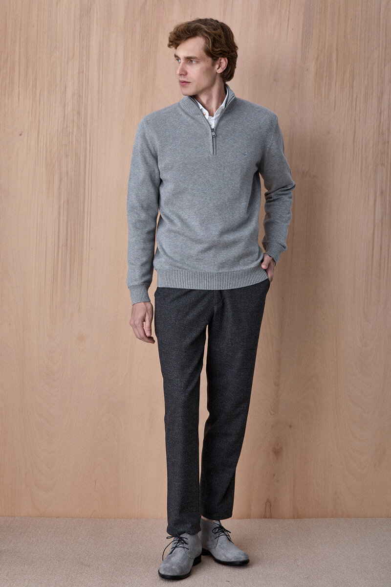 Gri Melanj %100 Pamuk Fermuarlı Kazak - 3