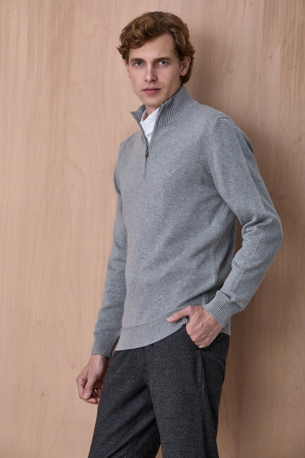 Gri Melanj %100 Pamuk Fermuarlı Kazak - 4