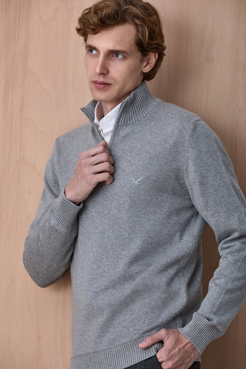 Gri Melanj %100 Pamuk Fermuarlı Kazak - 5