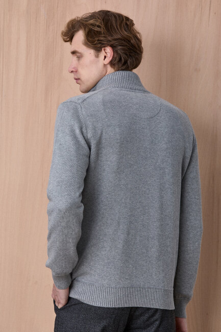 Gri Melanj %100 Pamuk Fermuarlı Kazak - 6