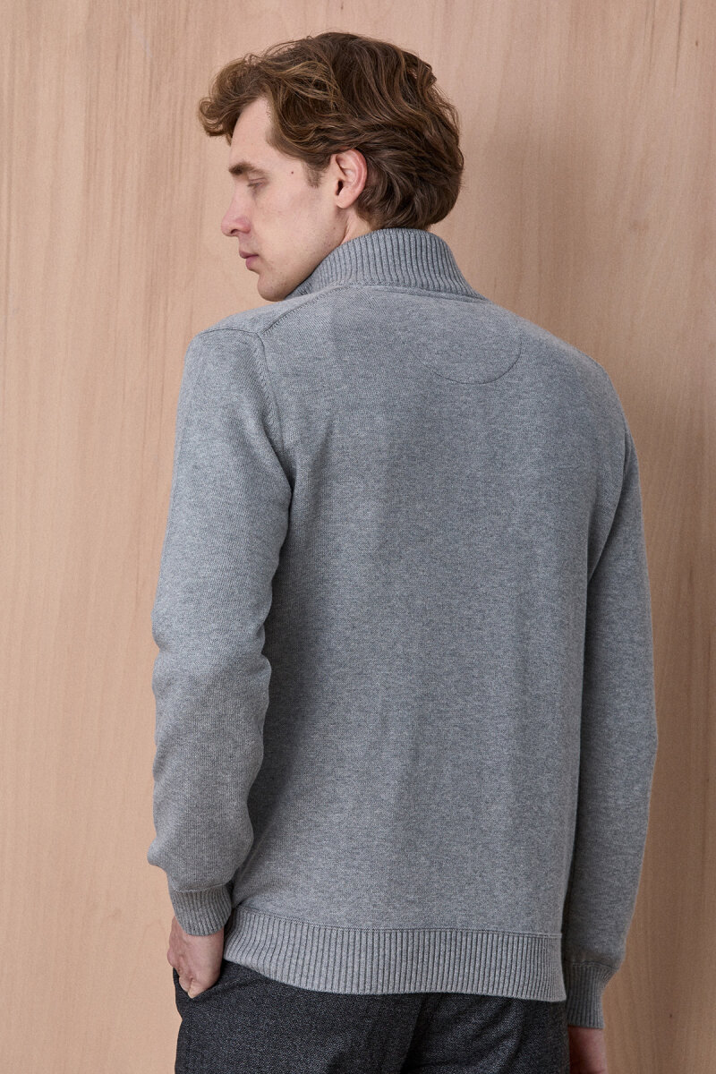 Gri Melanj %100 Pamuk Fermuarlı Kazak - 6