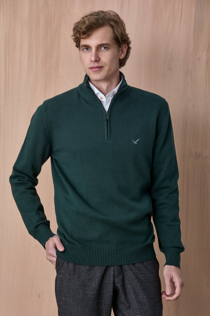 Koyu Yeşil %100 Pamuk Fermuarlı Kazak - 1