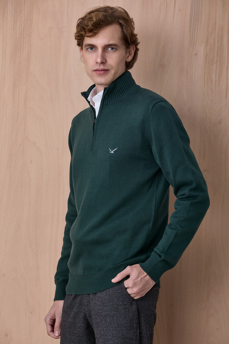 Koyu Yeşil %100 Pamuk Fermuarlı Kazak - 4