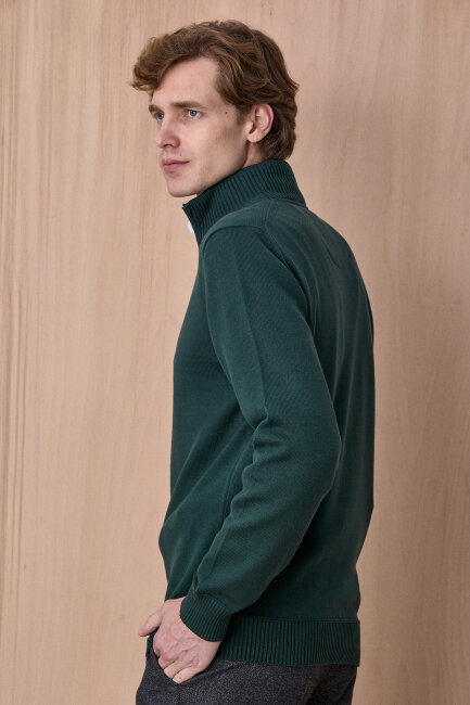 Koyu Yeşil %100 Pamuk Fermuarlı Kazak - 5