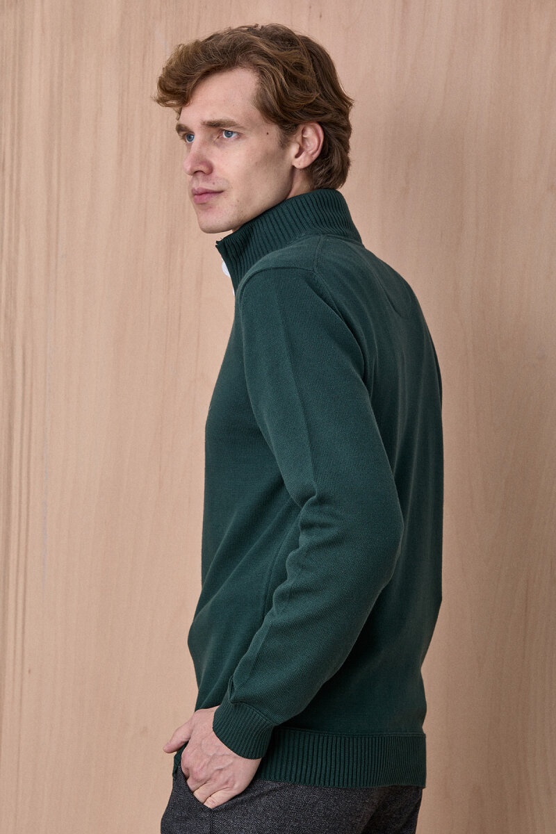 Koyu Yeşil %100 Pamuk Fermuarlı Kazak - 5