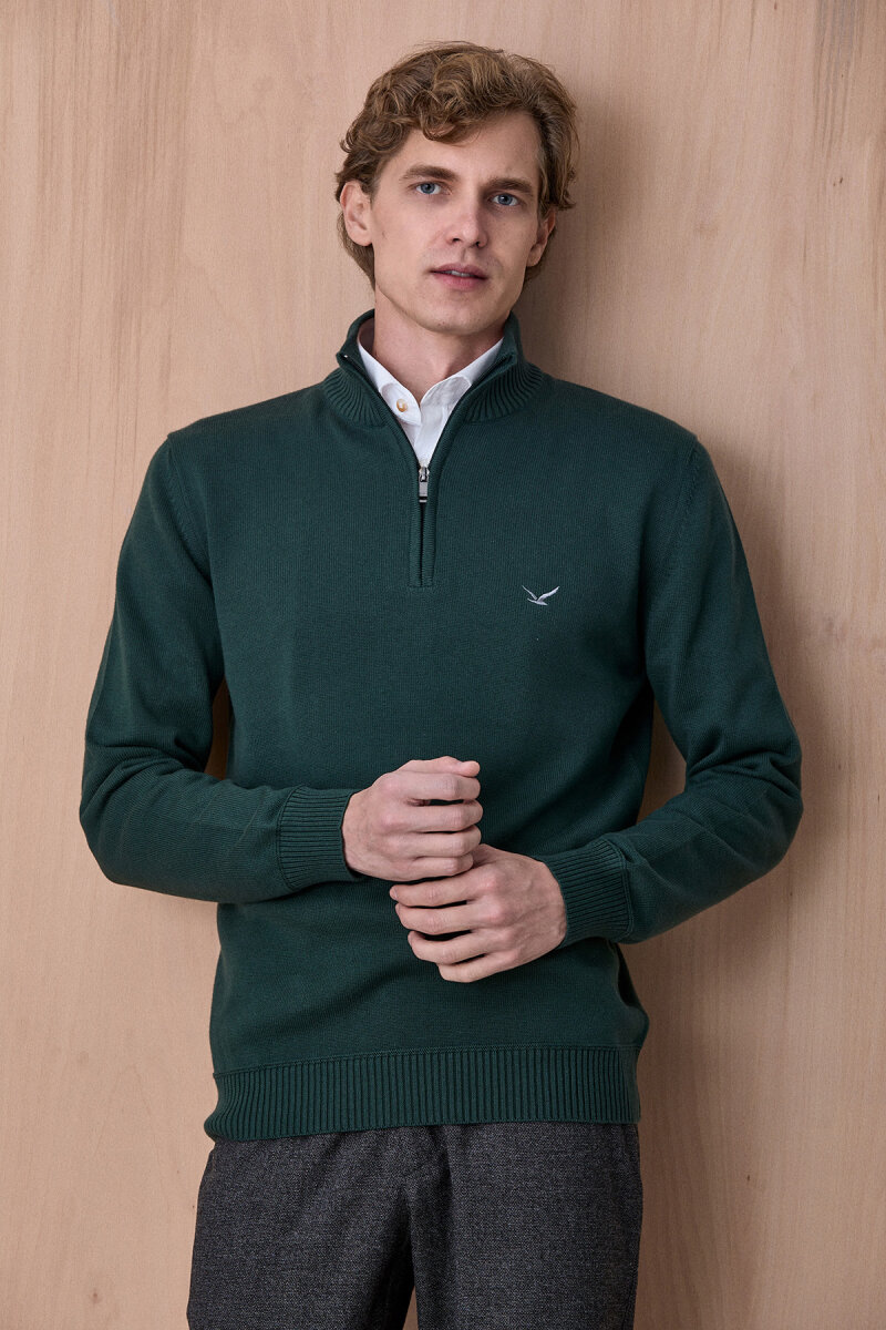 Koyu Yeşil %100 Pamuk Fermuarlı Kazak - 6