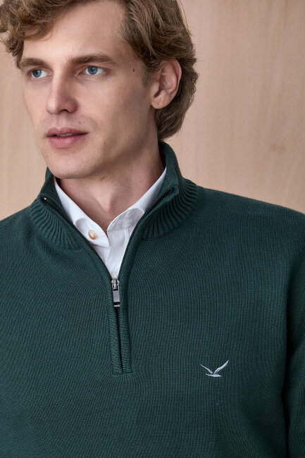 Koyu Yeşil %100 Pamuk Fermuarlı Kazak - 2