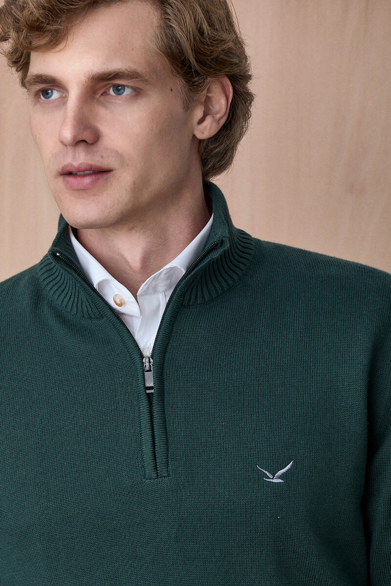 Koyu Yeşil %100 Pamuk Fermuarlı Kazak - 2