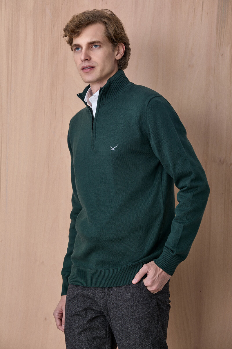 Koyu Yeşil %100 Pamuk Fermuarlı Kazak - 3