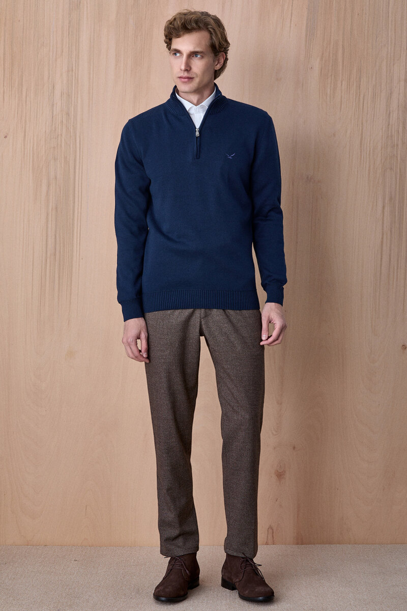 Petrol %100 Pamuk Fermuarlı Kazak - 3