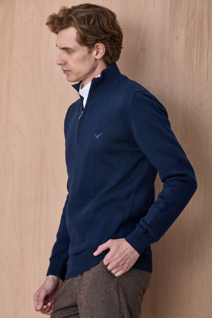 Petrol %100 Pamuk Fermuarlı Kazak - 4