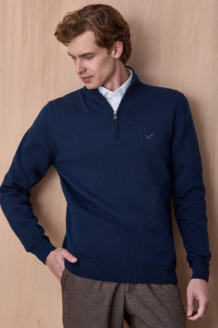 Petrol %100 Pamuk Fermuarlı Kazak - 5