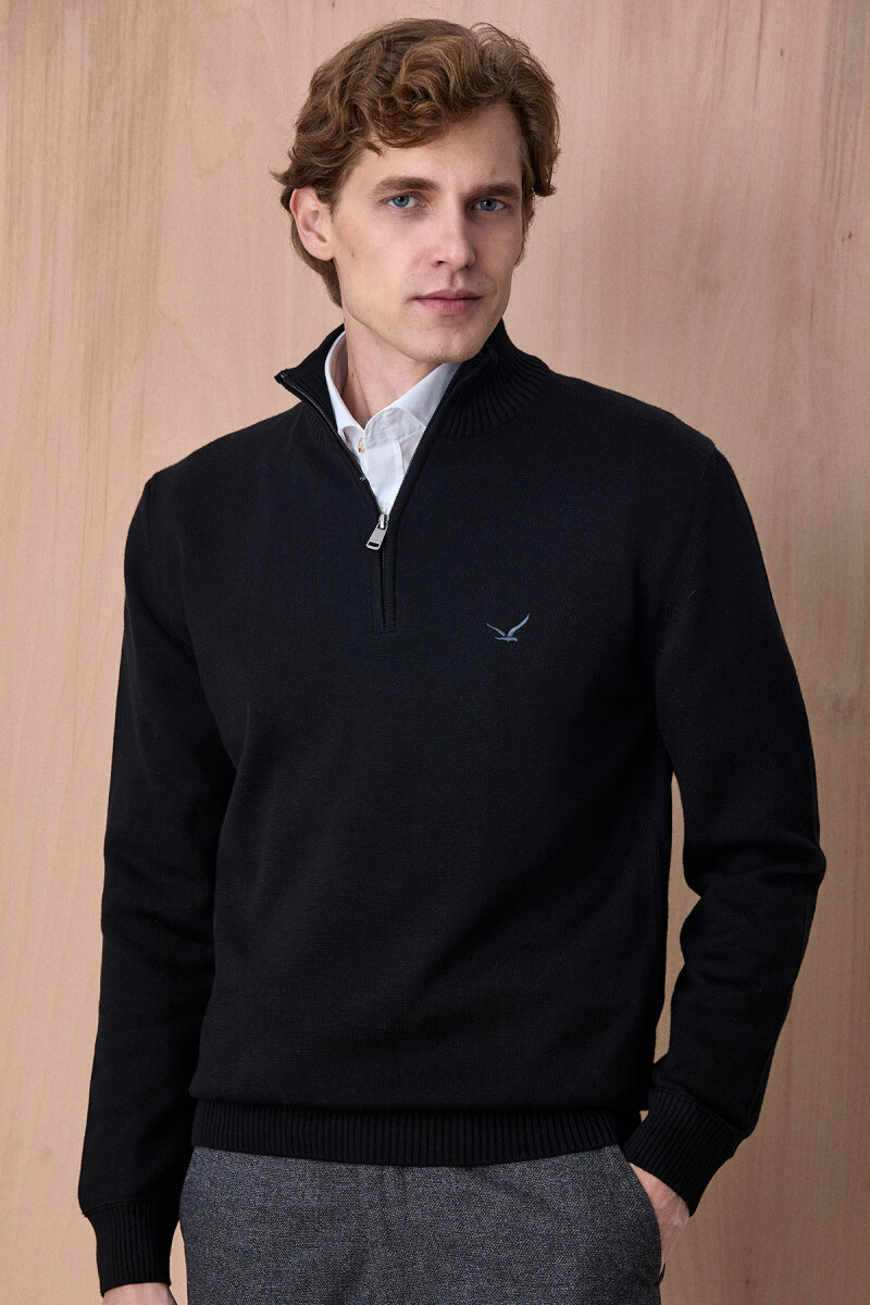 Siyah %100 Pamuk Fermuarlı Kazak