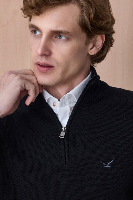 Siyah %100 Pamuk Fermuarlı Kazak - 2