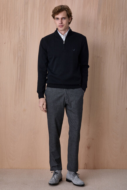 Siyah %100 Pamuk Fermuarlı Kazak - 3