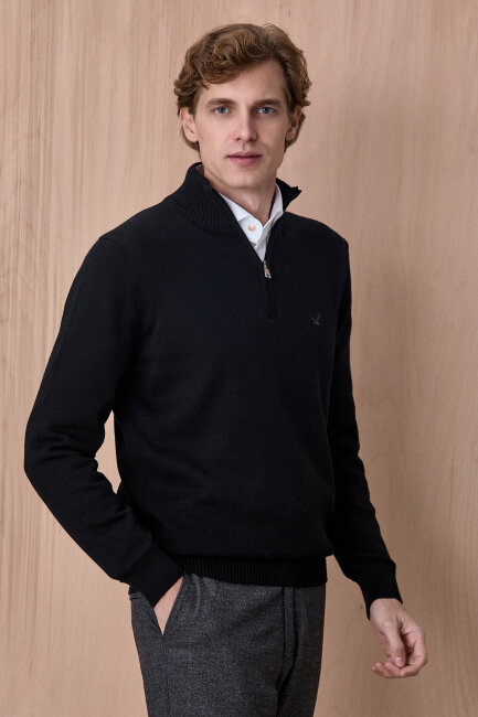 Siyah %100 Pamuk Fermuarlı Kazak - 4