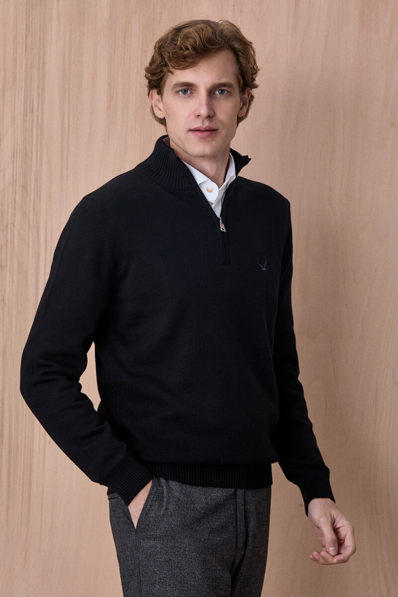 Siyah %100 Pamuk Fermuarlı Kazak - 4