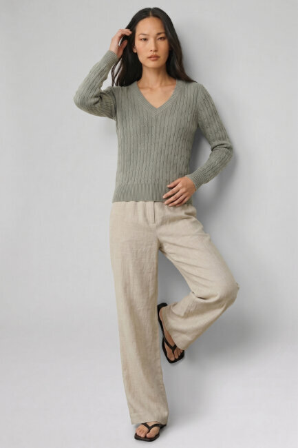 Açık Haki %100 Pamuk V Yaka Triko Kazak - 4