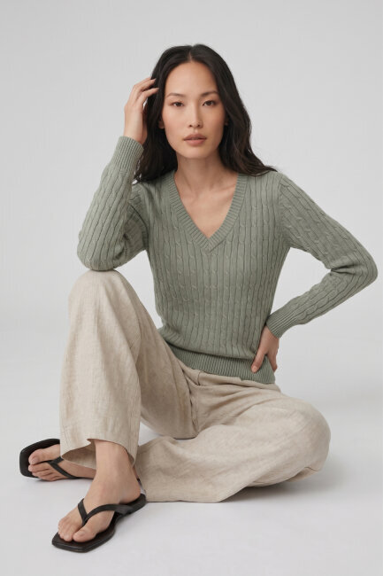 Açık Haki %100 Pamuk V Yaka Triko Kazak - 3