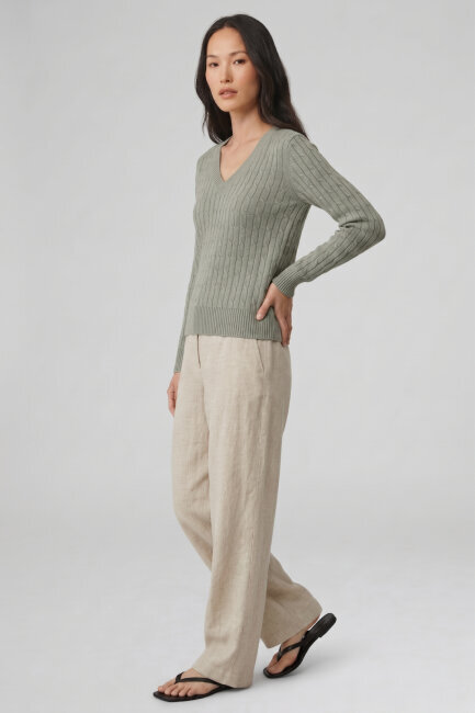 Açık Haki %100 Pamuk V Yaka Triko Kazak (1)