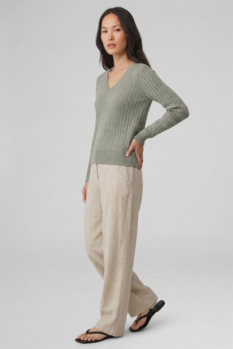 Açık Haki %100 Pamuk V Yaka Triko Kazak - 2