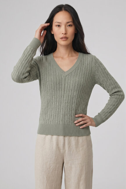 Açık Haki %100 Pamuk V Yaka Triko Kazak