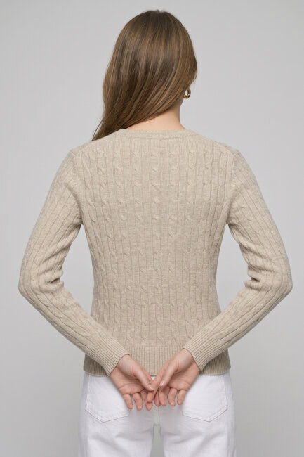 Bej Melanj %100 Pamuk V Yaka Triko Kazak - 5