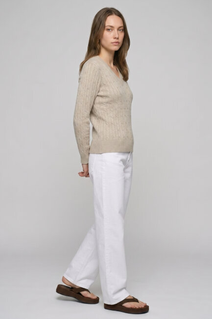 Bej Melanj %100 Pamuk V Yaka Triko Kazak - 4