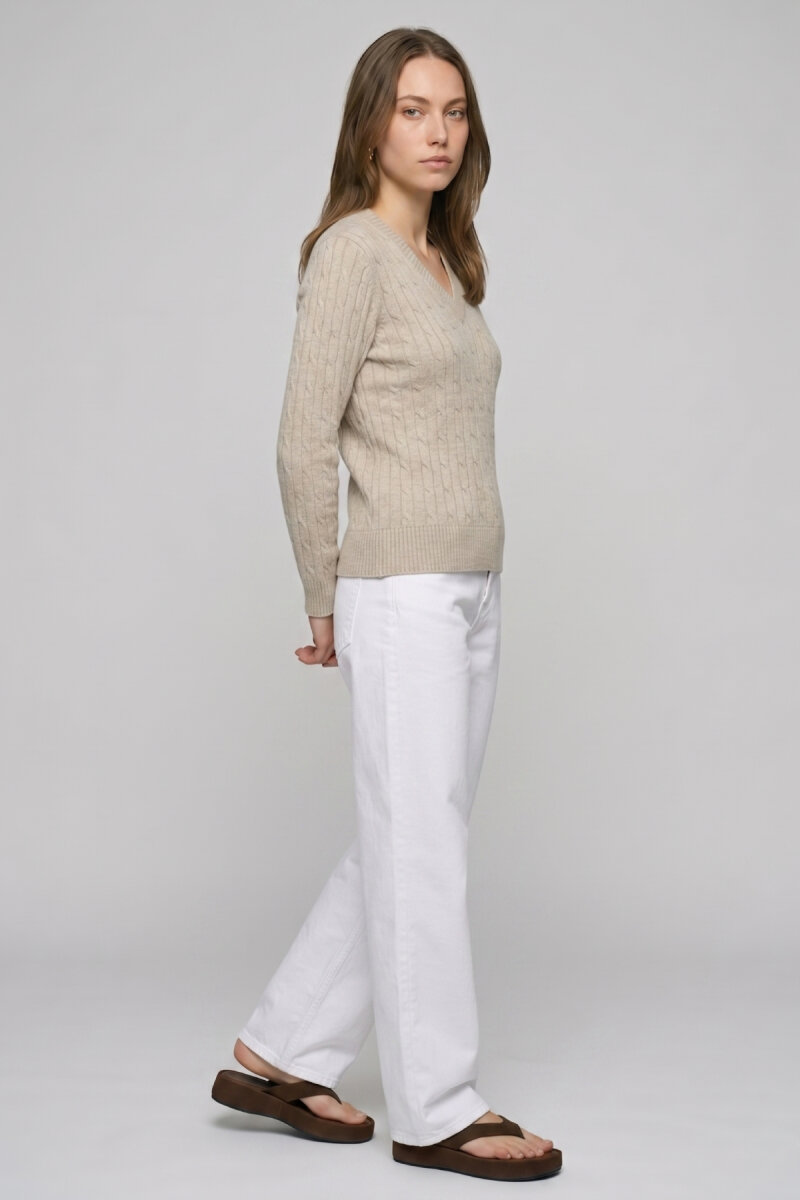 Bej Melanj %100 Pamuk V Yaka Triko Kazak - 4