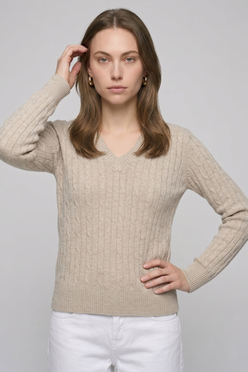 Bej Melanj %100 Pamuk V Yaka Triko Kazak - 1