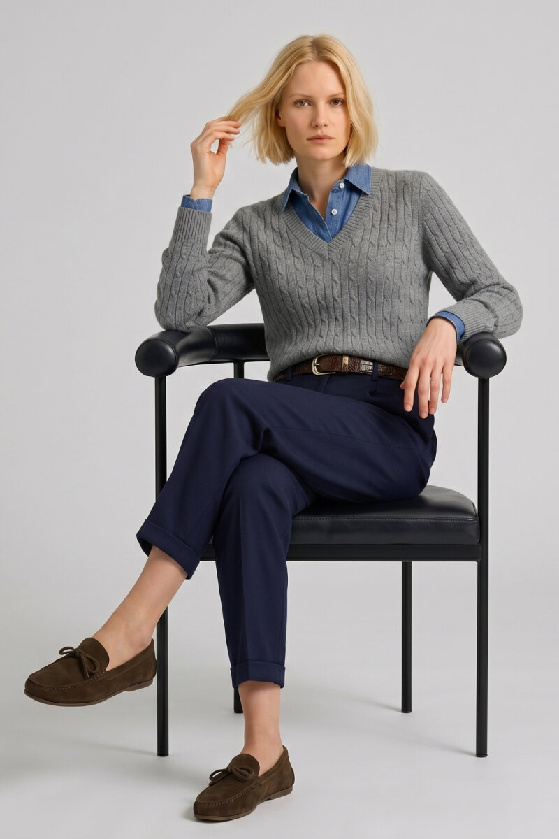 Gri %100 Pamuk V Yaka Triko Kazak - 3