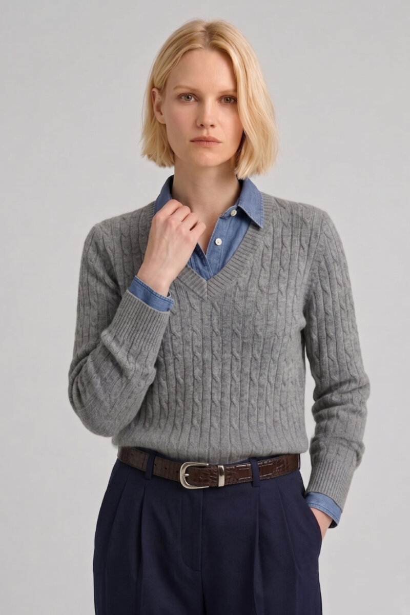 Gri %100 Pamuk V Yaka Triko Kazak - 1