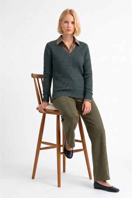 Kamuflaj Rengi %100 Pamuk V Yaka Triko Kazak - 3