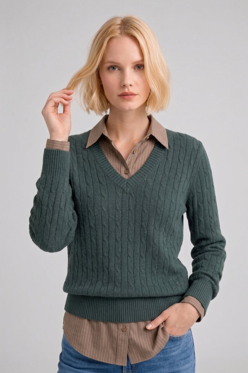 Kamuflaj Rengi %100 Pamuk V Yaka Triko Kazak - 1