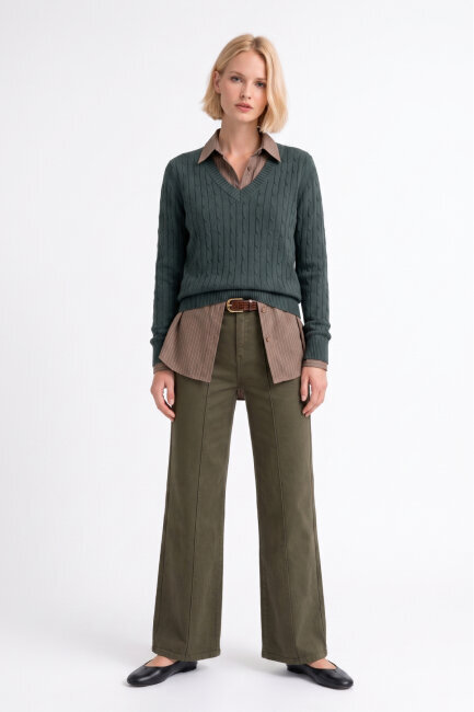 Kamuflaj Rengi %100 Pamuk V Yaka Triko Kazak - 4