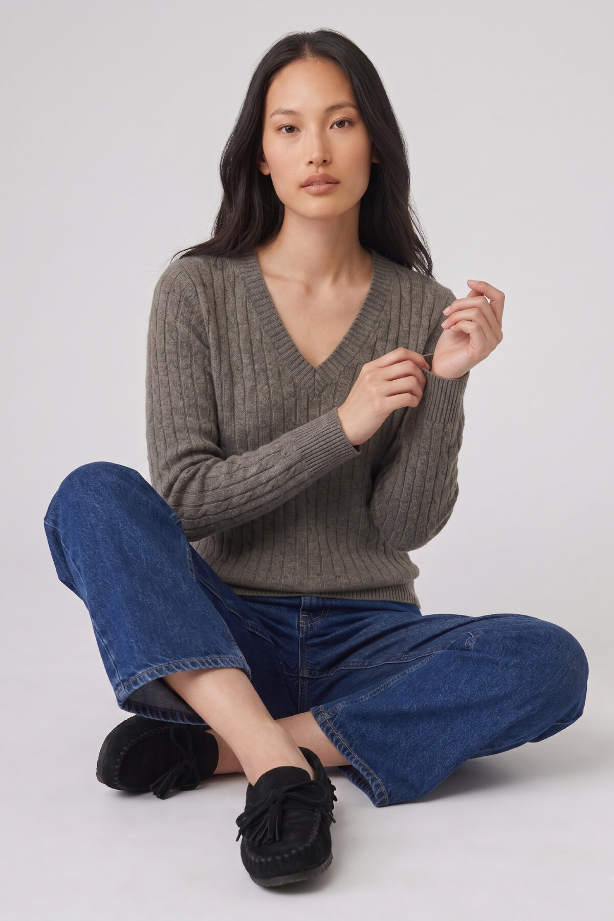 Koyu Bej %100 Pamuk V Yaka Triko Kazak - 3