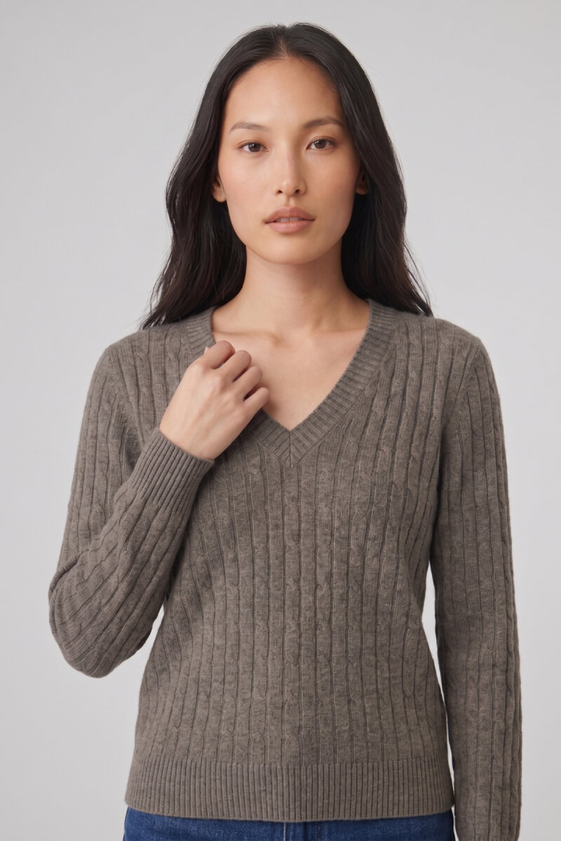 Koyu Bej %100 Pamuk V Yaka Triko Kazak - 1