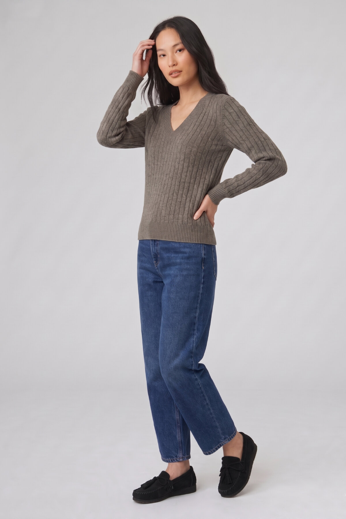 Koyu Bej %100 Pamuk V Yaka Triko Kazak - 4