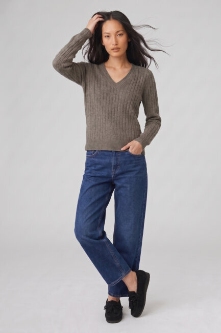 Koyu Bej %100 Pamuk V Yaka Triko Kazak (1)