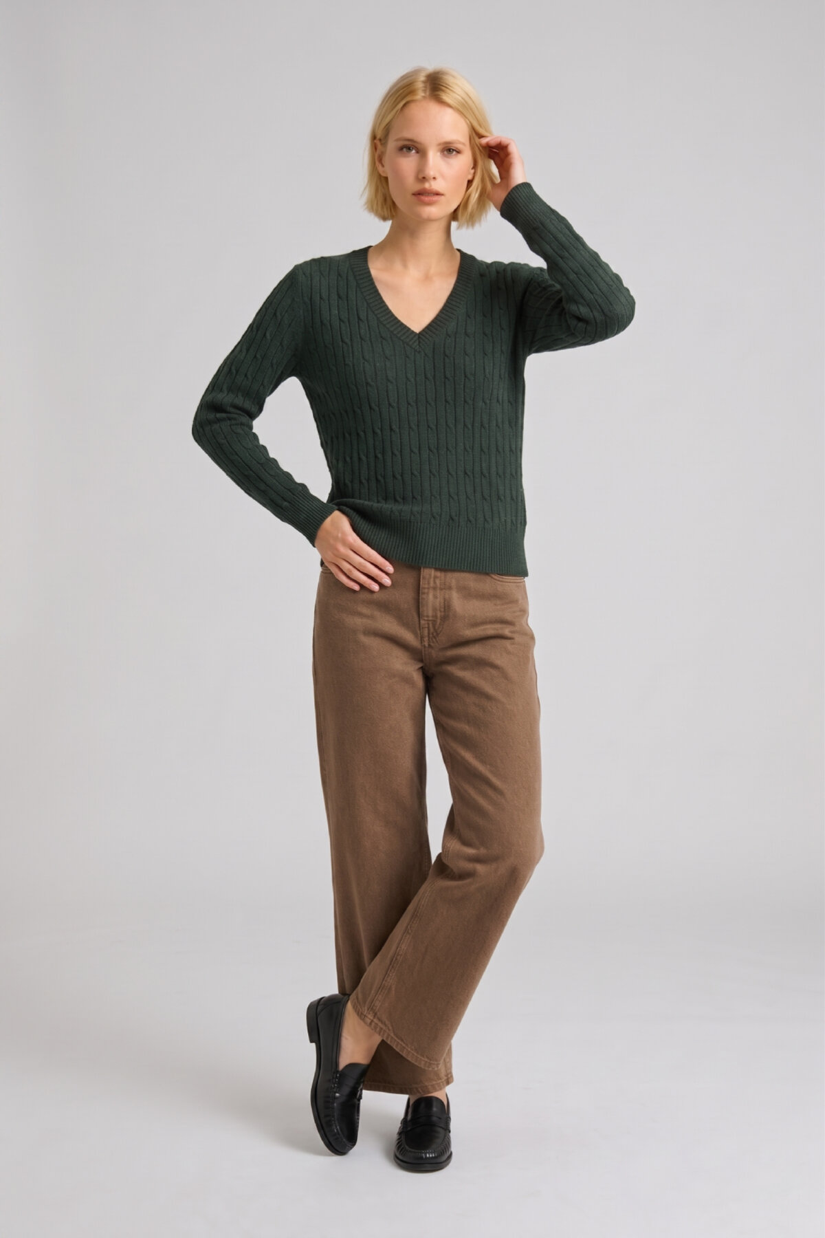 Koyu Yeşil %100 Pamuk V Yaka Triko Kazak - 2