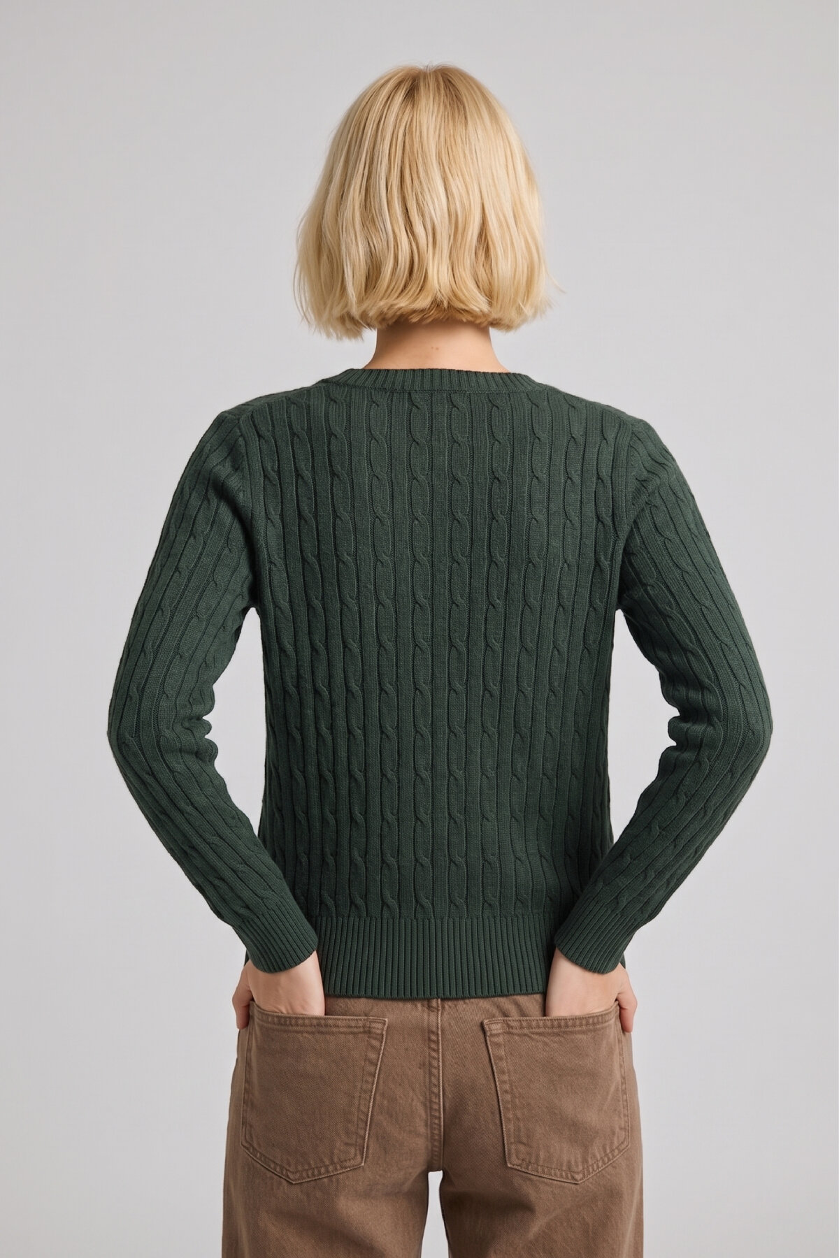 Koyu Yeşil %100 Pamuk V Yaka Triko Kazak - 5