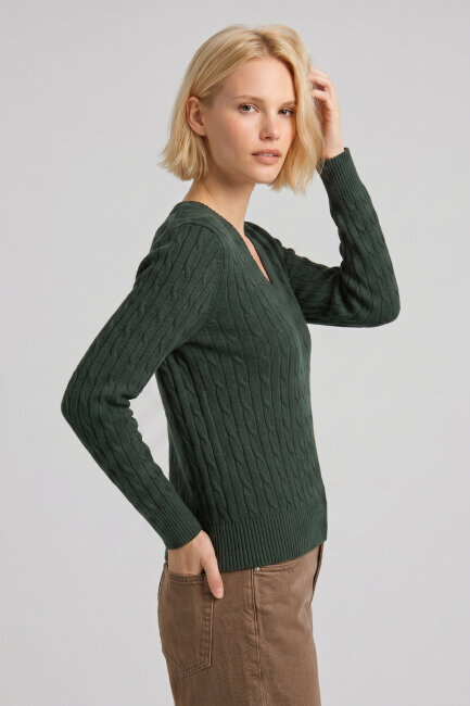 Koyu Yeşil %100 Pamuk V Yaka Triko Kazak - 4