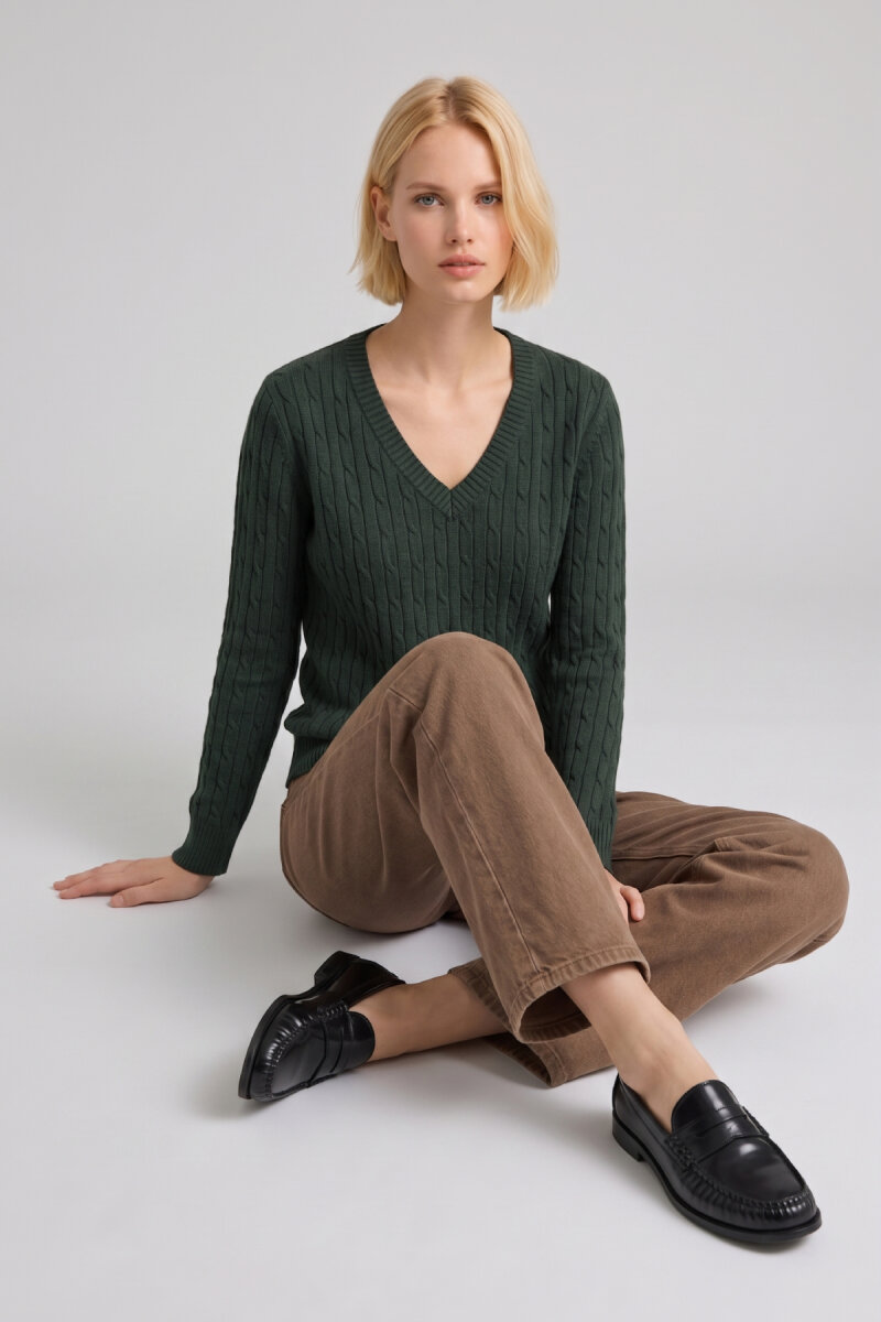 Koyu Yeşil %100 Pamuk V Yaka Triko Kazak - 3